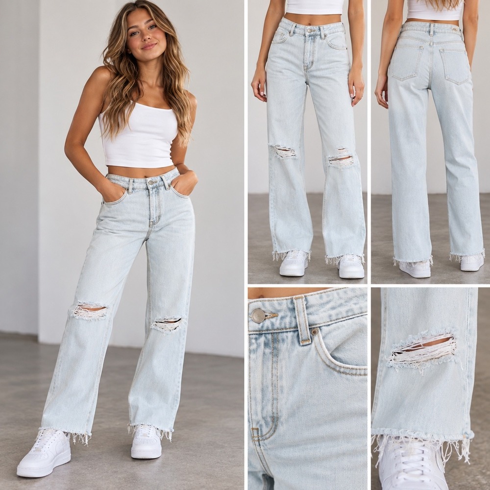 Zara Light Wash Distressed Wide Leg Jeans Ripped Knee Raw Hem Size 8